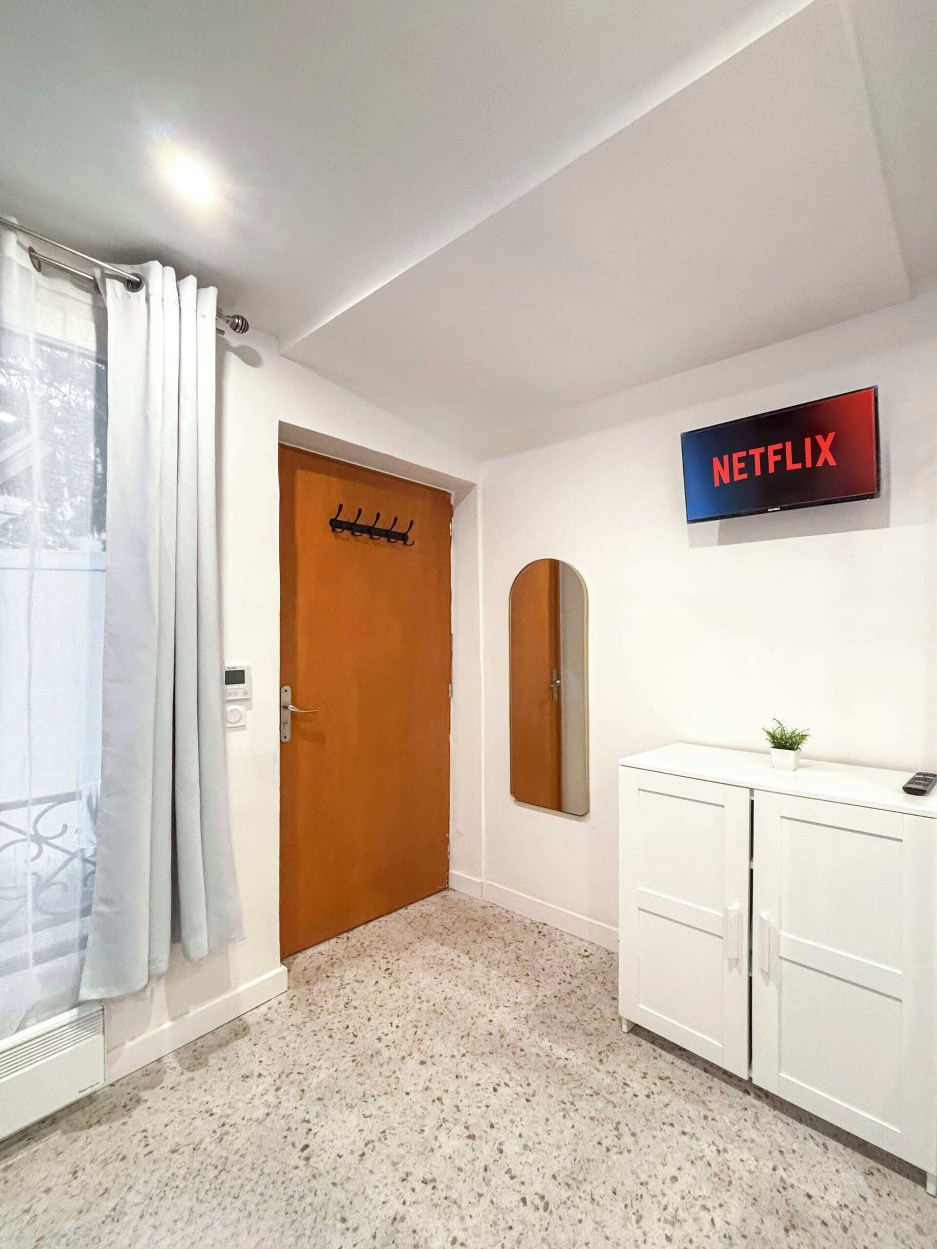 A hallway with a wooden door, a white cabinet, a wall-mounted Netflix sign, and a small potted plant.