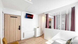 Een moderne slaapkamer met een houten deur, een witte radiator, een aan de muur bevestigde televisie, een grote spiegel en een bed met een kussen.