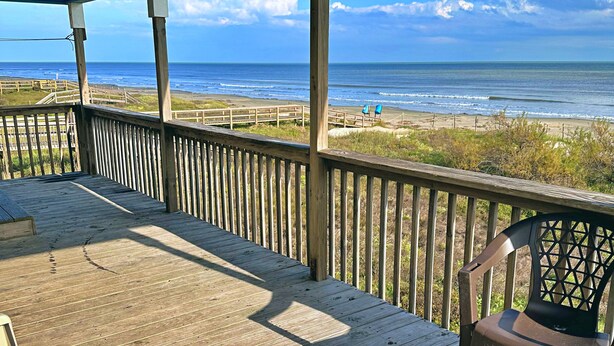A wooden deck with a view of the ocean and beach. - The Aloha Beach your exquisite property that promises an extraordinary stay! (Surfside Beach)