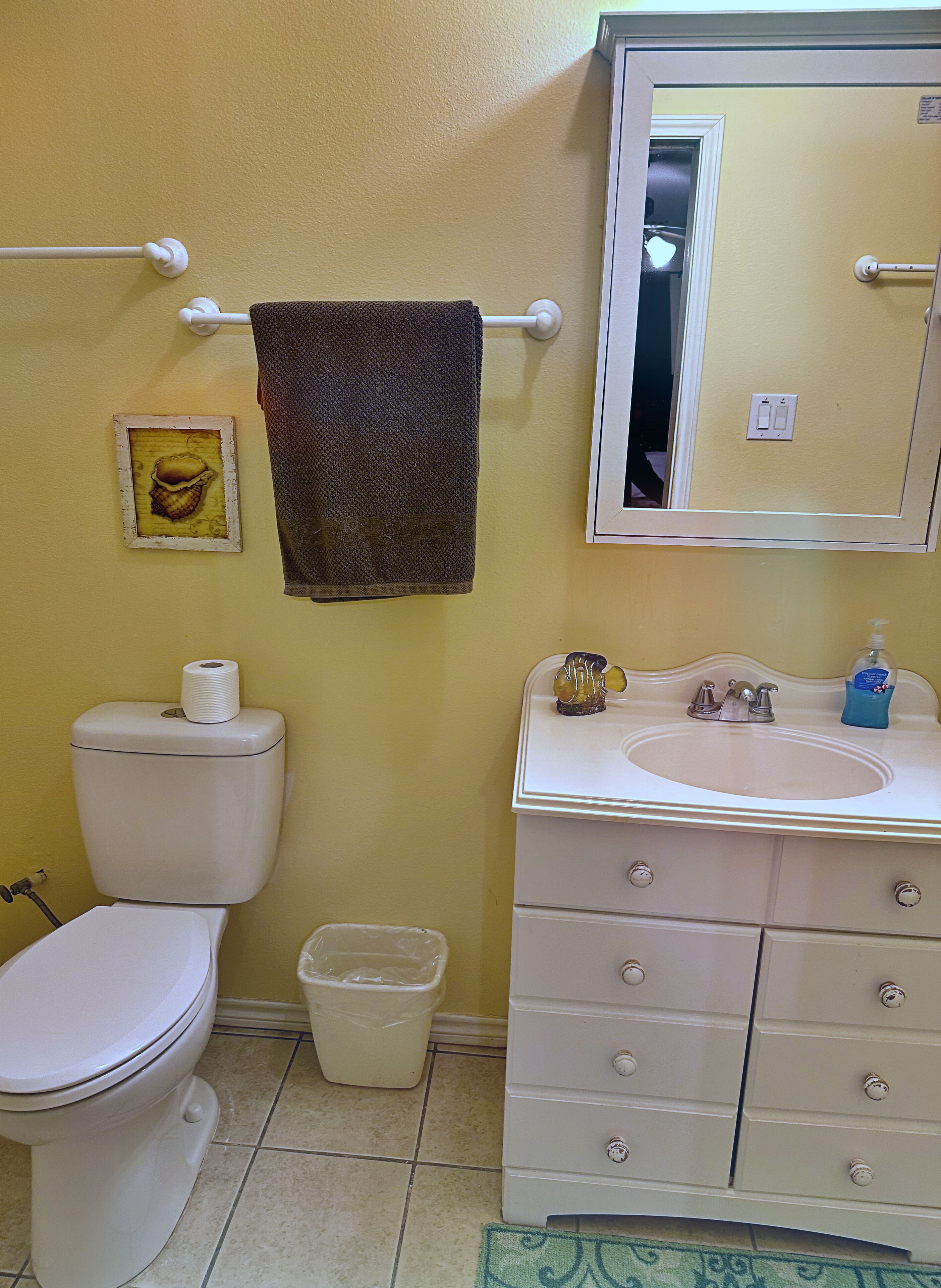 A bathroom with a toilet, sink, and mirror.