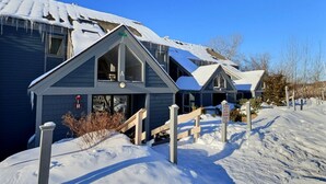 A row of cabins with a steep roof, wooden steps, and a snow-covered ground. - BearQuad- AC, Pool, Tennis, Close to Resort/Biking (Killington)
