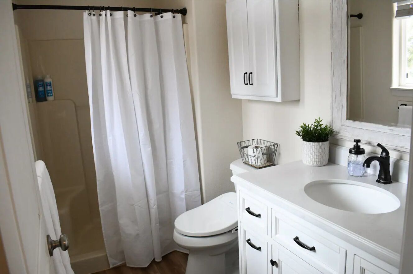 Un baño con cortina de ducha, inodoro, lavabo y armario.