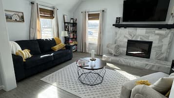 Smart TV, fireplace, books