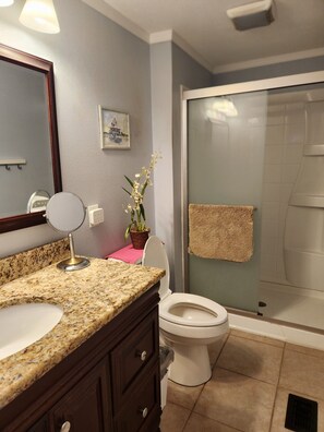 Dusj, hårføner, håndklær og såpe