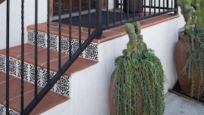 Una puerta de madera con una verja de metal, una escalera con azulejos decorados y cactus grandes.