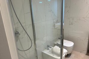 Shower, hair dryer, bidet, towels