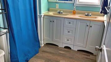 Hair dryer, towels, soap, shampoo