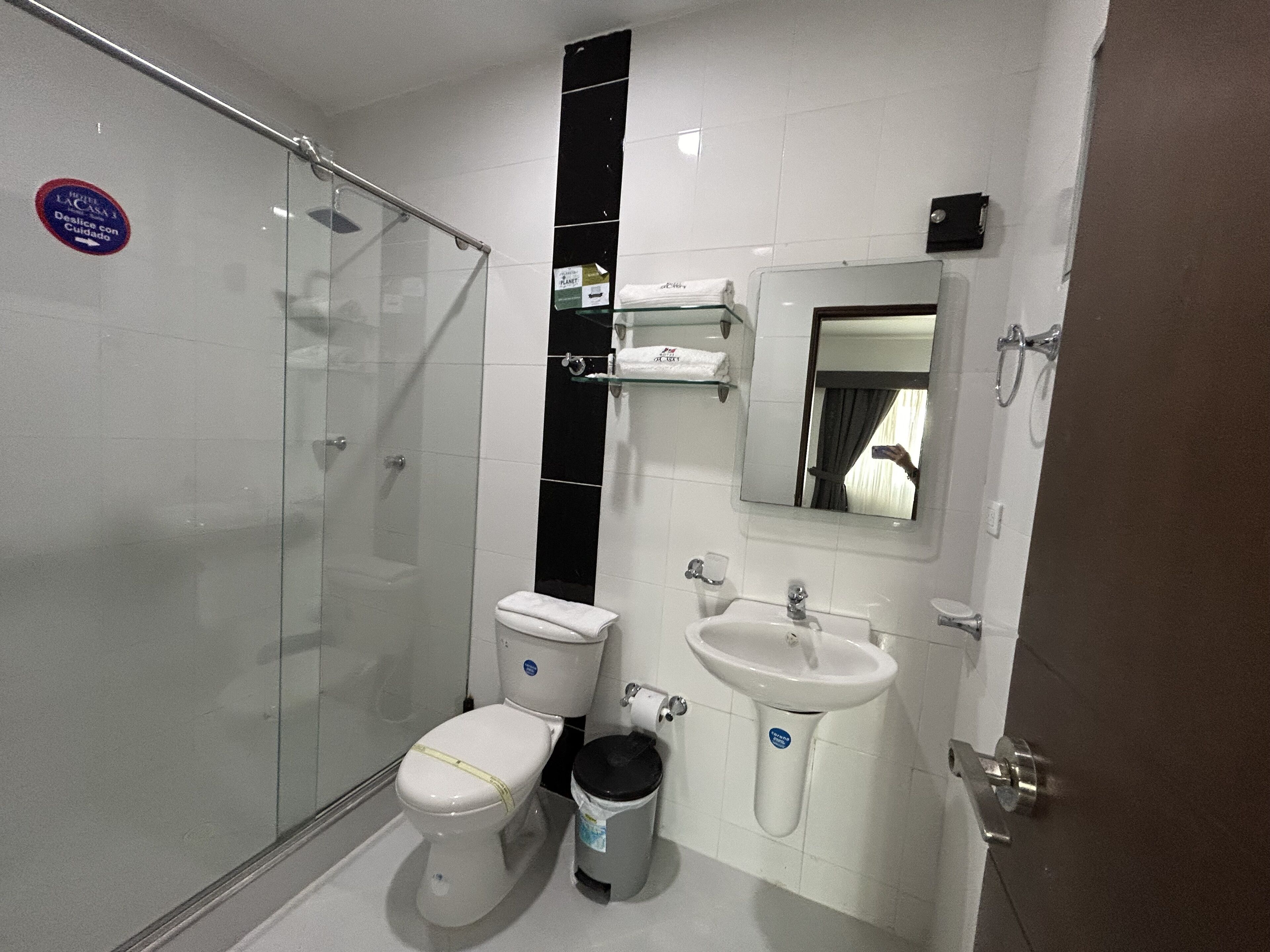 A compact bathroom with a glass shower enclosure, a white toilet, a sink, and a mirror.