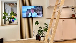A modern living room with a television mounted on the wall, a wooden ladder, and a potted plant.