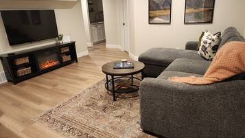 Smart TV, chimenea, libros, monitor de computadora