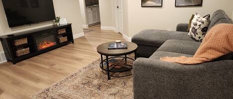 Smart TV, fireplace, books, computer monitors