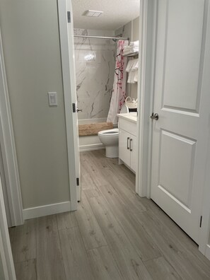 Hair dryer, towels, soap, shampoo