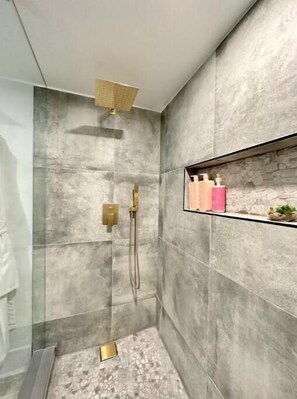Hair dryer, towels, soap, shampoo