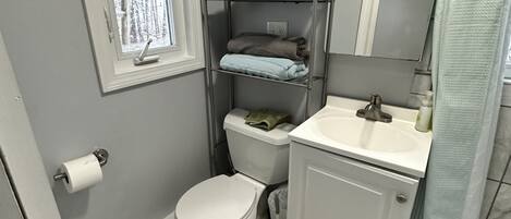A compact bathroom with a toilet, sink, and a window.
