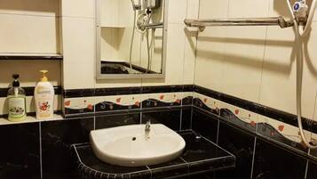 Hair dryer, towels, soap, shampoo