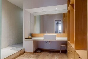 Bathroom features a large mirror, sink with single faucet, and a shower area.