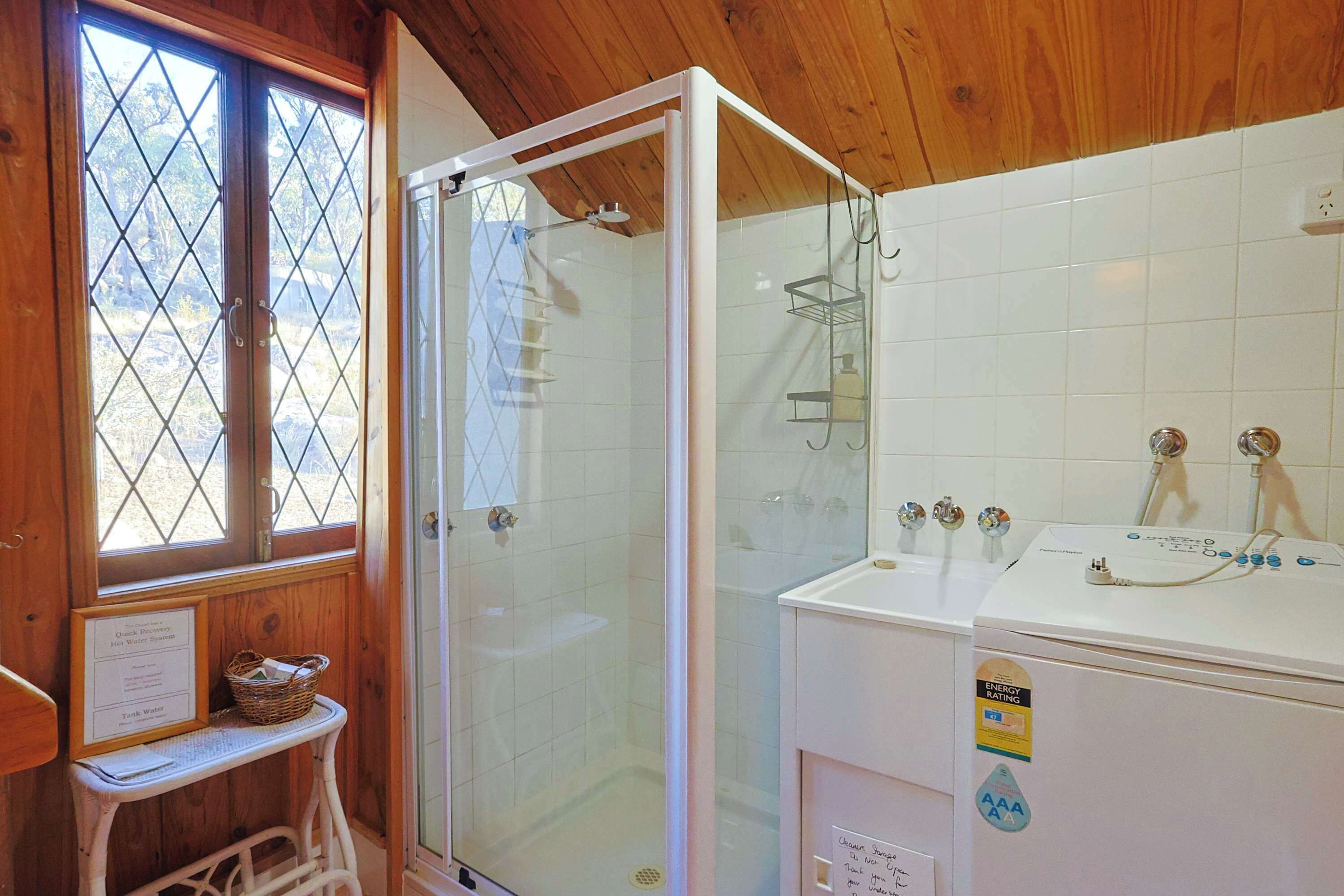 Shower, hair dryer, towels, shampoo