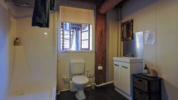 A bathroom with a toilet, sink, and shower.