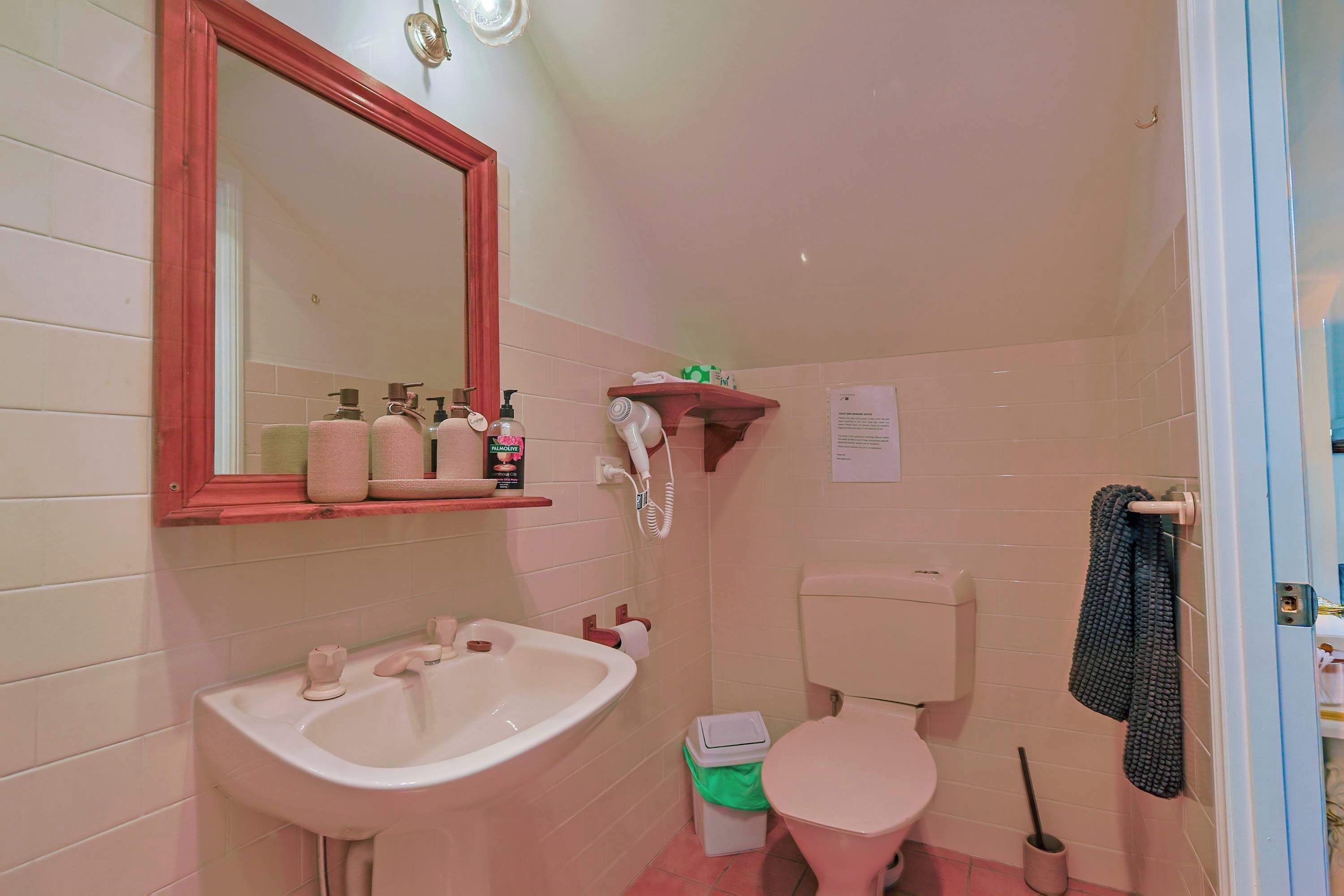 Shower, hair dryer, towels, shampoo