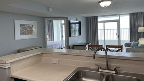 Oceanfront Condo Balcony: 3 BR/2BA: 1K,1Q, 2T | Private kitchen | Full-size fridge, microwave, freezer, paper towels - Camelot By The Sea- Blue Palmetto Vacation Rentals (Myrtle Beach)