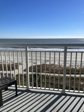 Oceanfront Studio Balcony: 2 Queens | Balcony view - Camelot By The Sea- Blue Palmetto Vacation Rentals (Myrtle Beach)