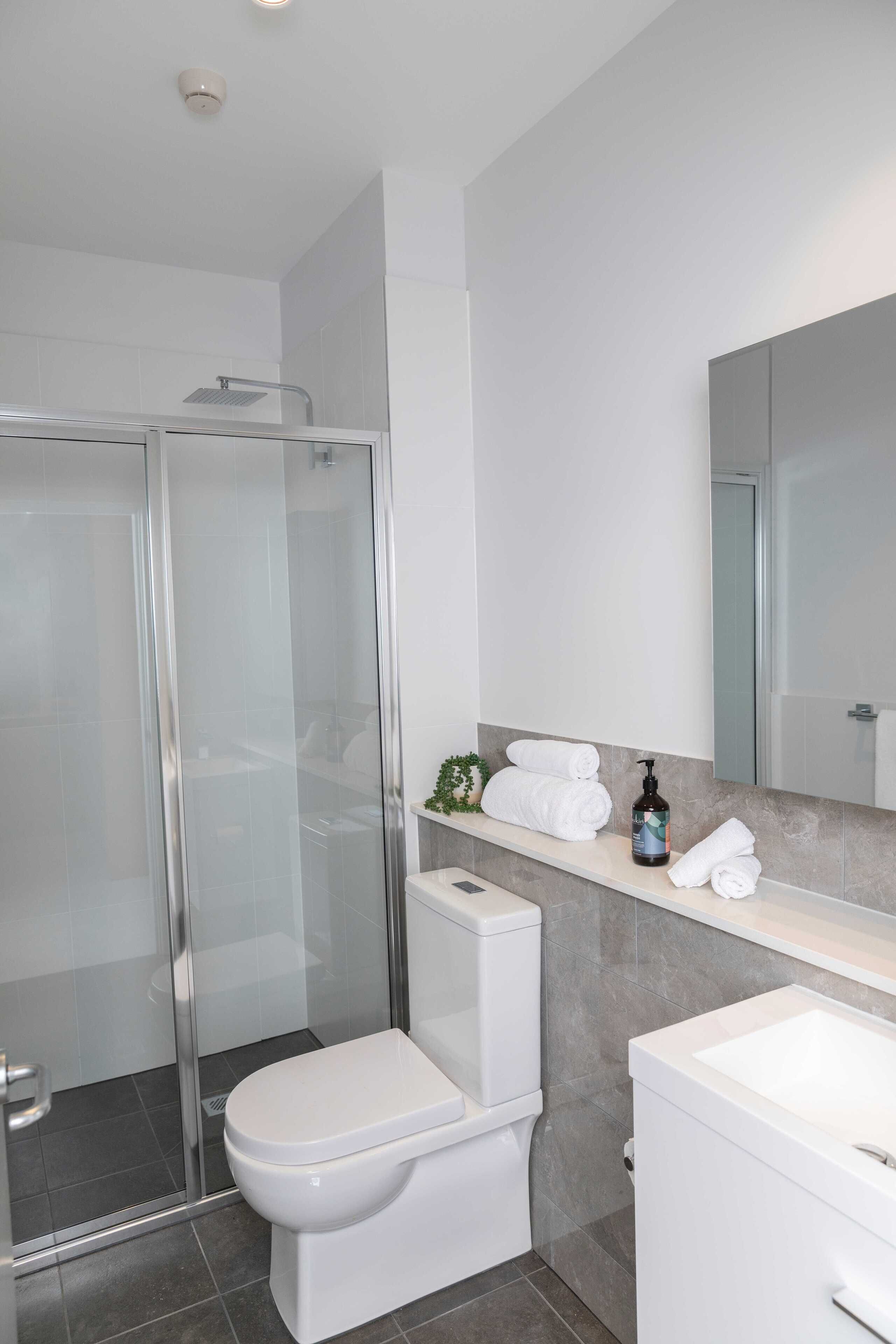 A modern bathroom with a glass-enclosed shower, a white toilet, and a sink with a mirror above.