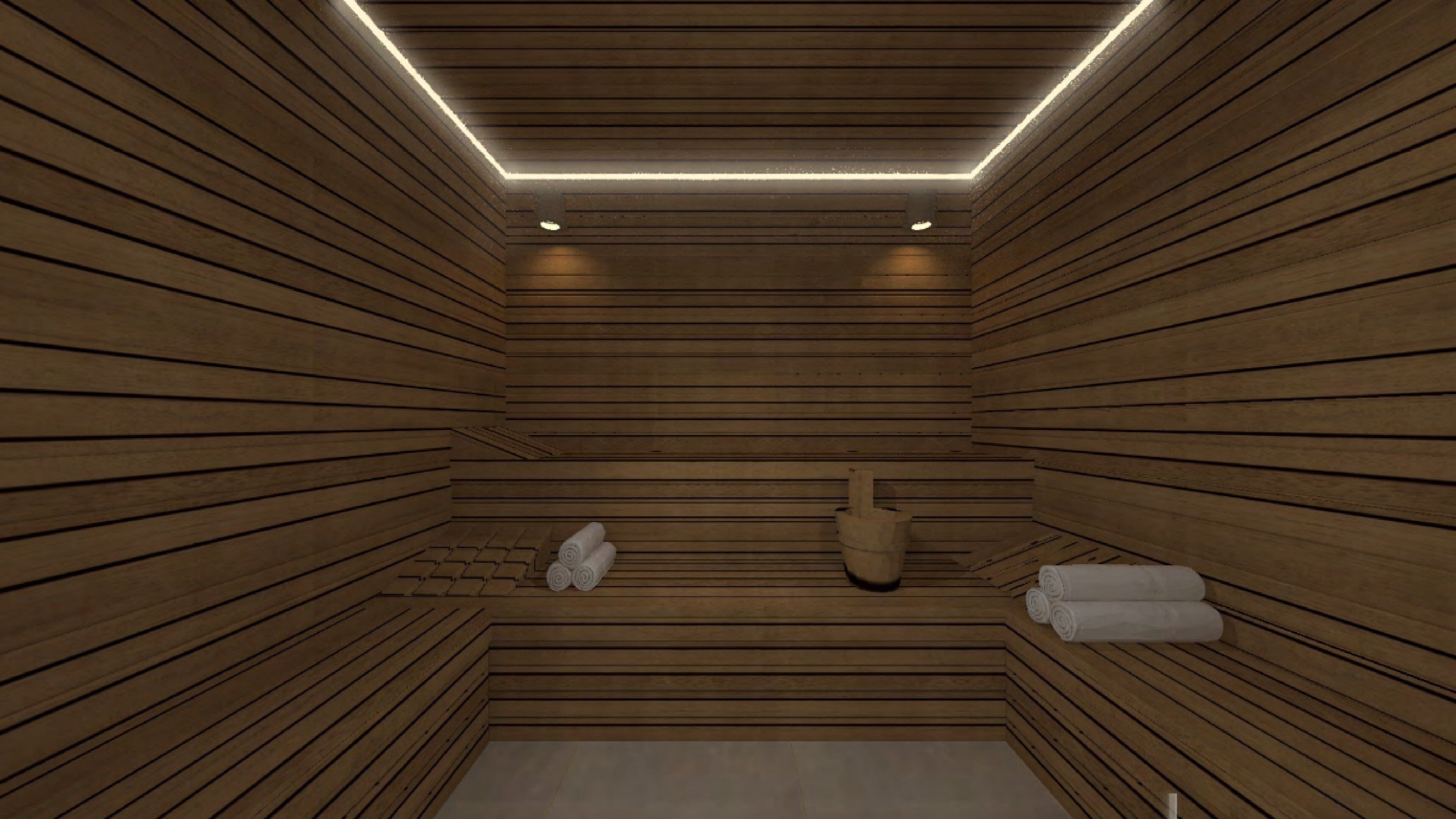 A sauna room with wooden walls, a bench, a towel, and a stone basin.
