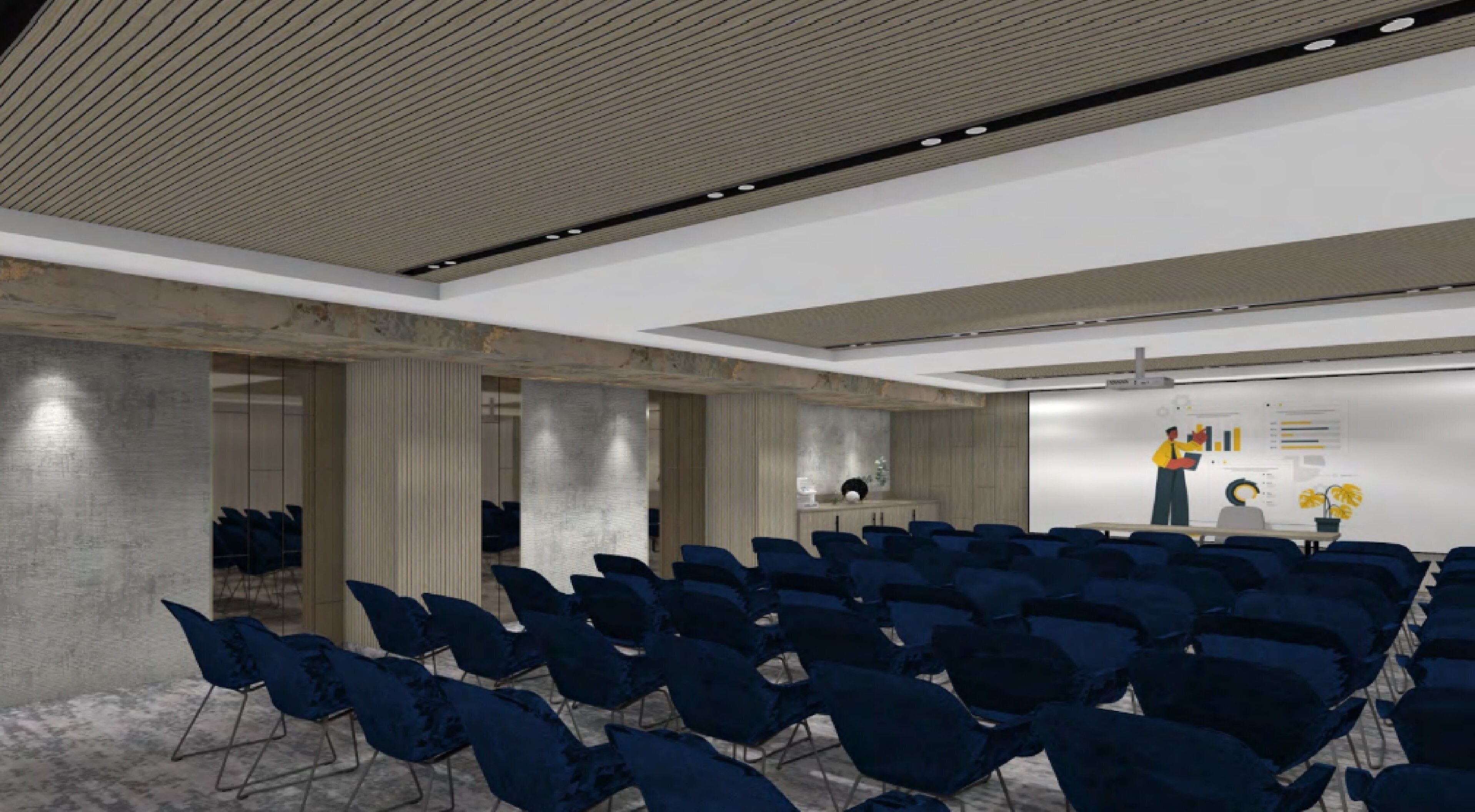 Une salle de conférence avec des rangées de chaises, un écran de présentation et un pupitre.