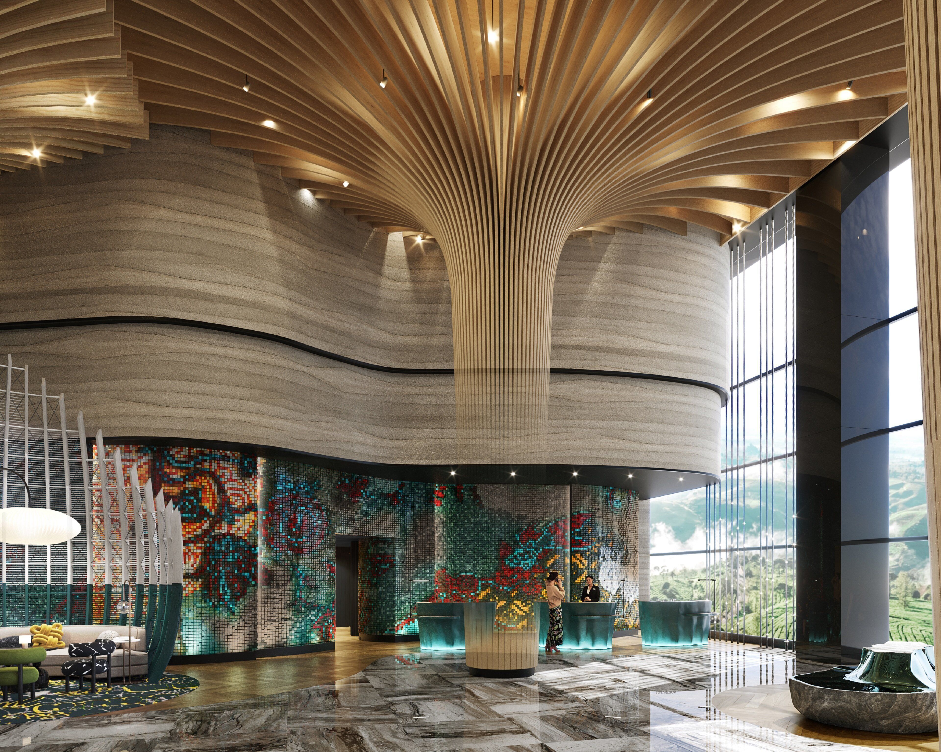 Un hall espacioso con techo curvo, pared de mosaicos y un amplio ventanal con vistas al exterior.