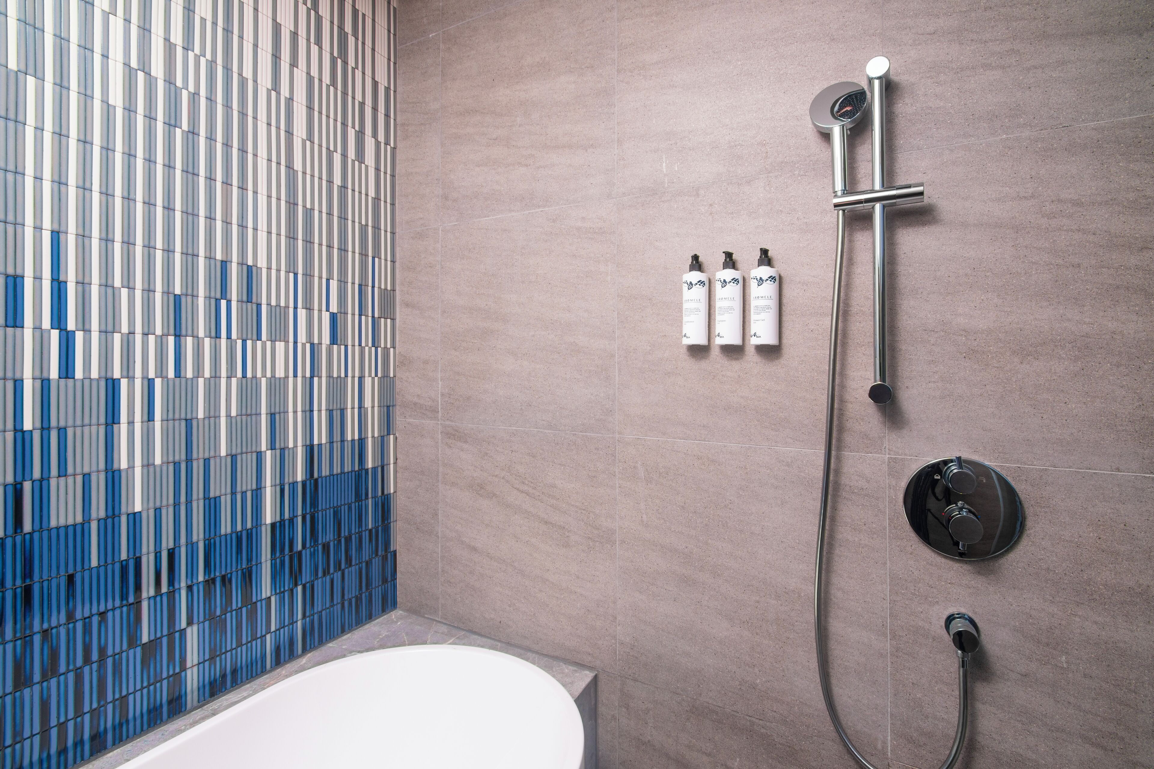 Une salle de bain moderne avec un mur carrelé, une baignoire et un système de douche.
