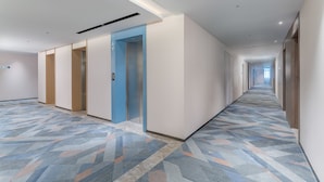 Un long couloir étroit, doté d’un tapis à motifs, de portes en bois et d’un ascenseur.