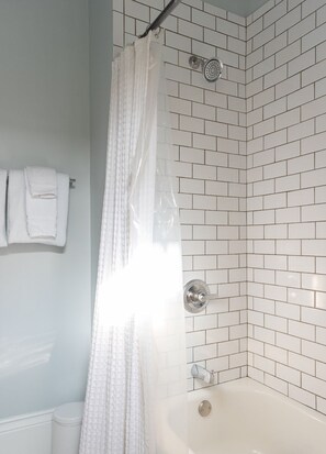 Hair dryer, towels, soap, shampoo