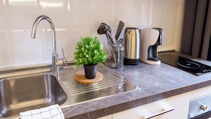 A modern kitchen with a stainless steel sink, a potted plant, a coffee maker, and a kettle. - Ghiberti  - Romantic Studio in Trieste (Trieste)