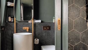 Shower, eco-friendly toiletries, hair dryer, towels