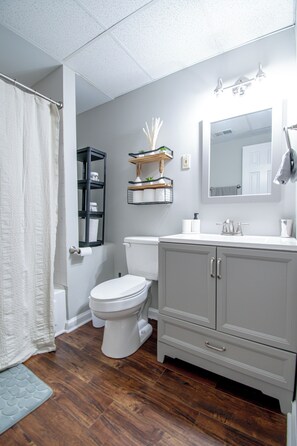 Hair dryer, towels, soap, shampoo
