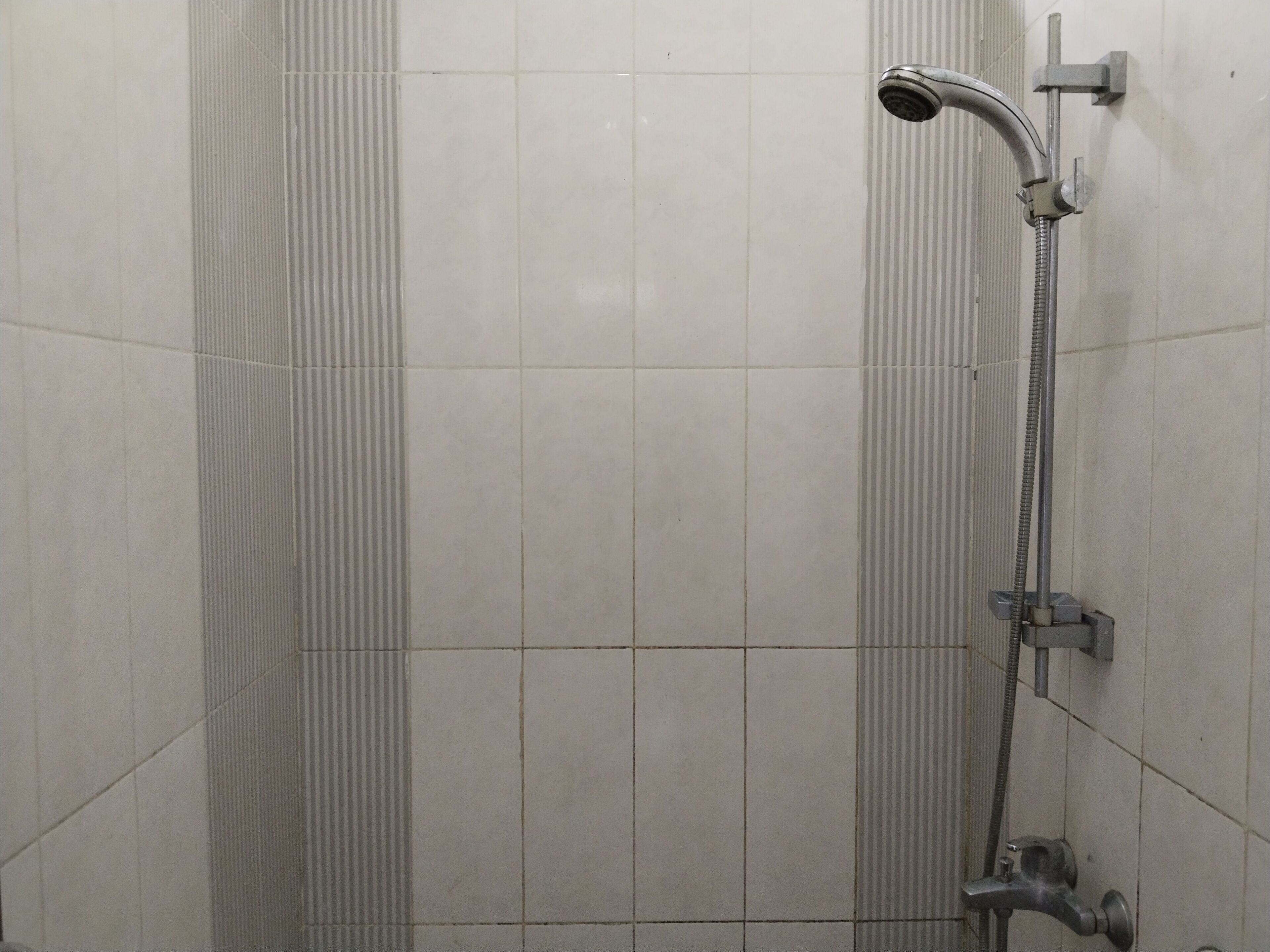 A shower with a handheld showerhead and a wall-mounted faucet.