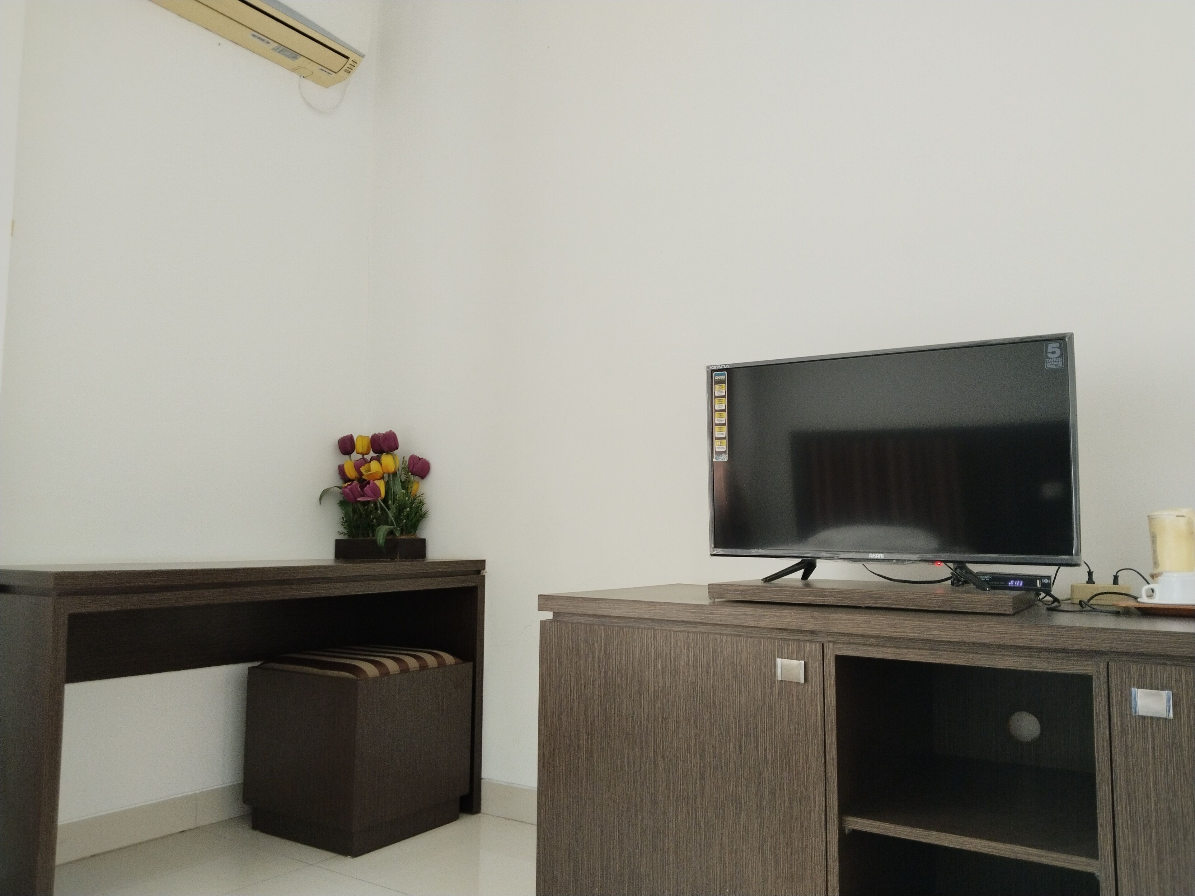 A modern living room with a flat-screen TV on a wooden cabinet, a small potted plant with flowers, and a dark-colored ottoman.