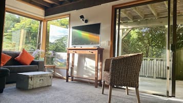 Smart TV, fireplace, books, printers