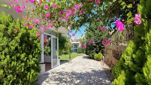 A stone pathway leading to a modern building with glass doors, surrounded by lush greenery and pink flowers. - Amazing place with large terrace and BBQ (Mijas Costa)