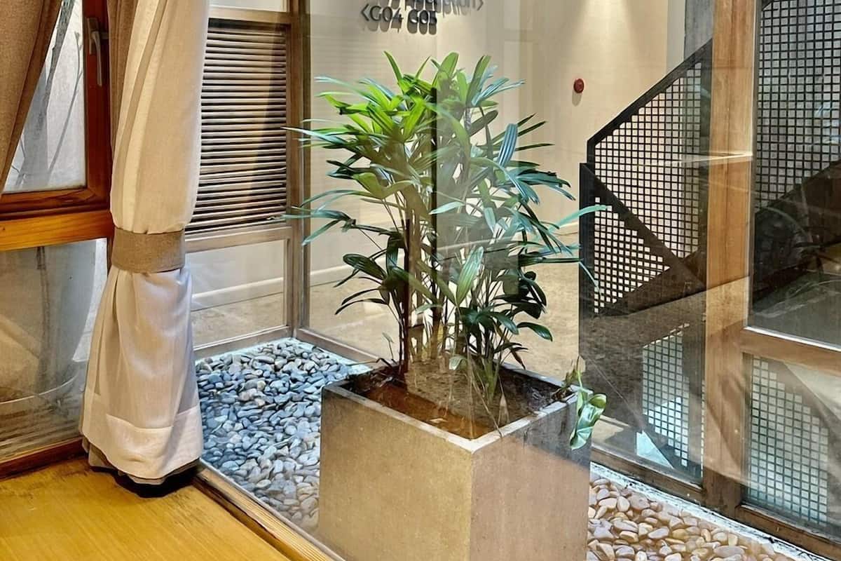 Un área de recepción con un separador de vidrio, un mostrador de recepción, una planta en maceta y una escalera con barandilla de metal.