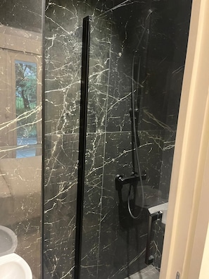 Regadera, secadora de cabello, toallas