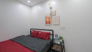 Un dormitorio ordenado con una cama, una mesita de noche con una planta y dos cuadros en la pared.