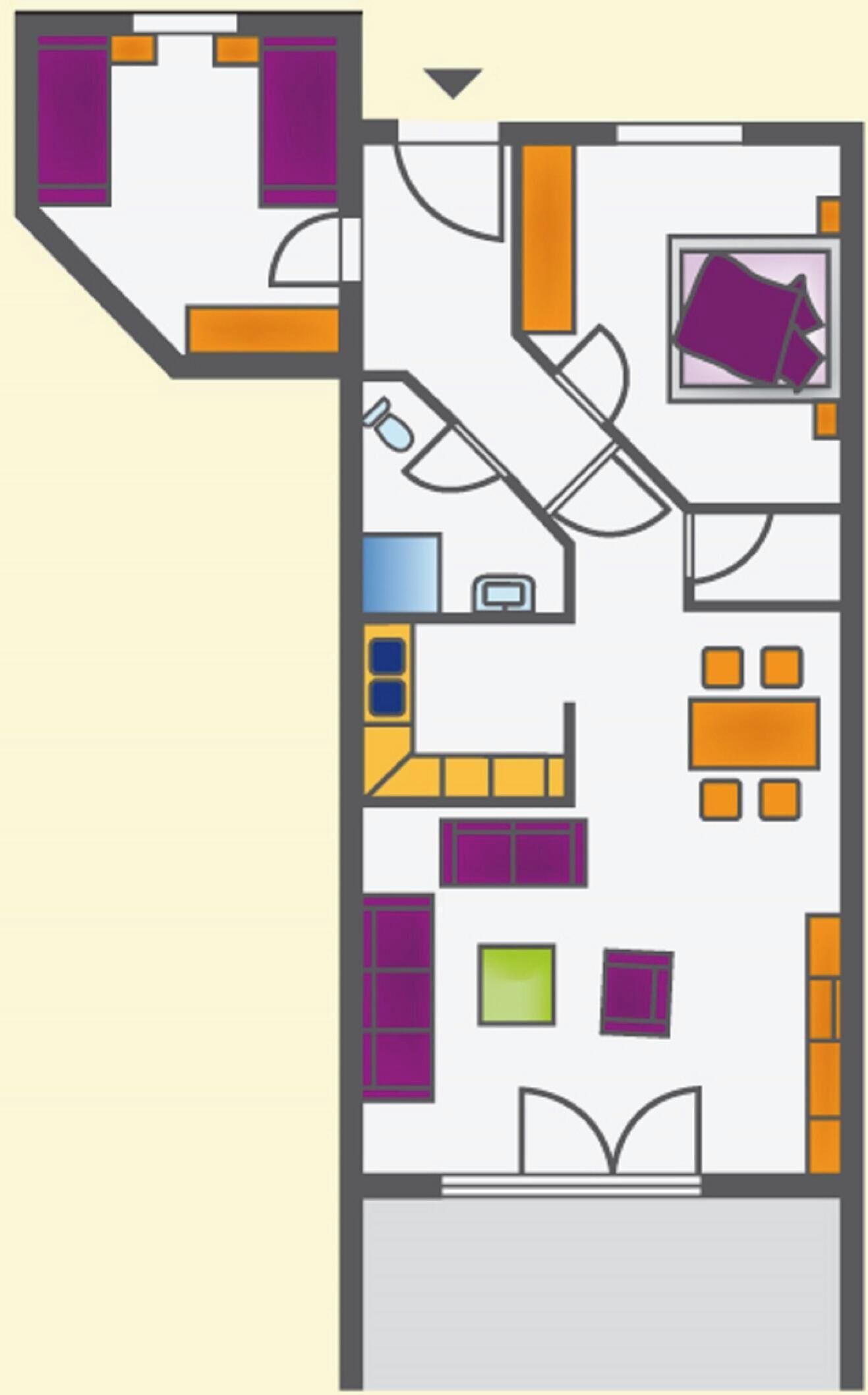 A floor plan with a living area, kitchen, dining space, and a bathroom.