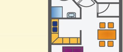 A floor plan with a living area, kitchen, dining space, and a bathroom.
