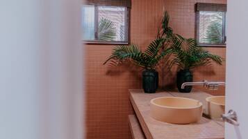 A bathroom with two sinks, a mirror, and two potted plants.