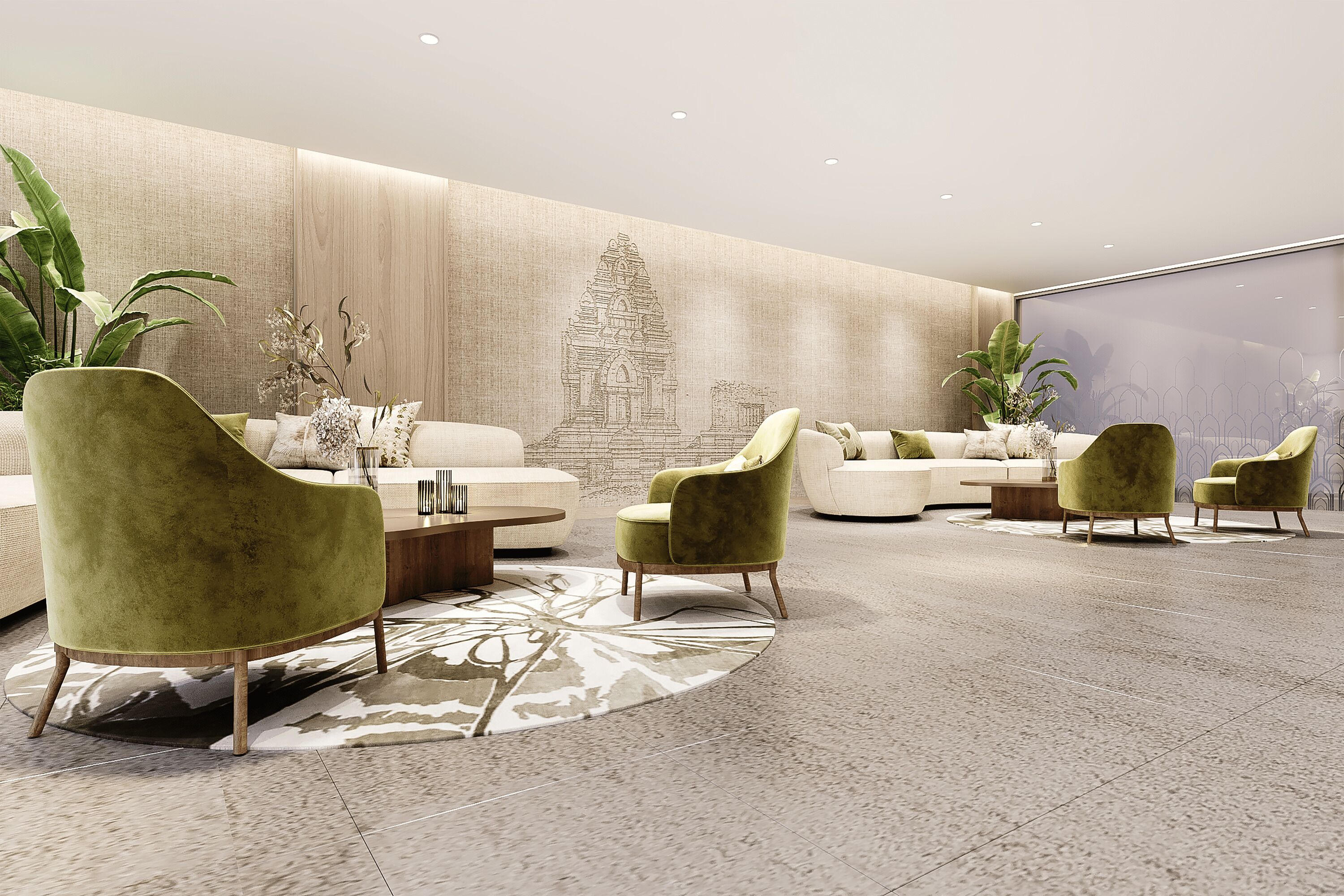 A modern lobby with a large mural, plush seating, and a patterned rug.
