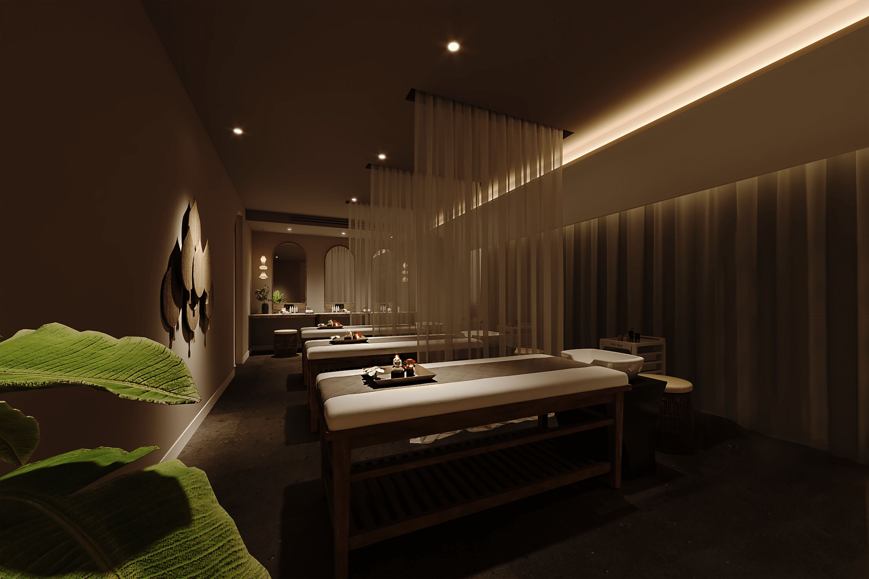 A spa room with multiple treatment tables, a reception area, and a large green plant.