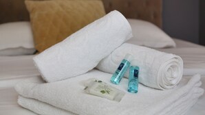 Shower, hair dryer, towels, shampoo