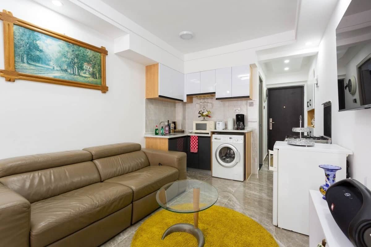 A modern apartment with a living room, kitchenette, and laundry area.