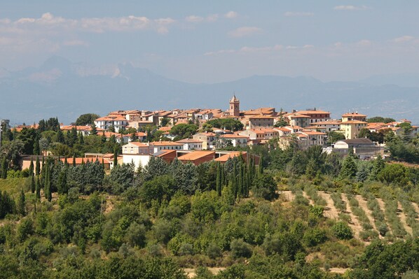 A hillside village with terraced houses, a prominent tower, and surrounding greenery. - Quercia 1 - Relax in Tuscany (Montaione)